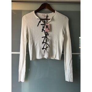 NWT** Sincerely‎ Jules Ribbed Ribbon Cardigan Sweater White Long Sleeve Cropped